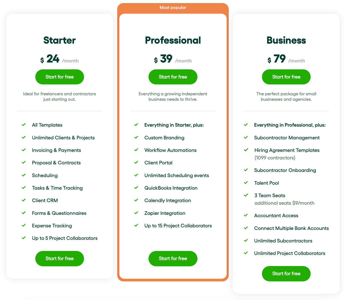 HelloBonsai proposal tool - pricing plans